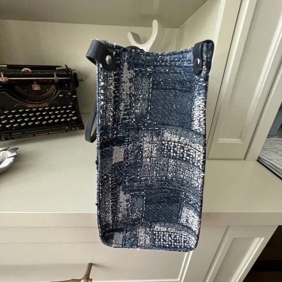 FION Oil Painting Jacquard with Leather Tote Bag Navy Blue Purse BRAND NEW - Picture 8 of 13